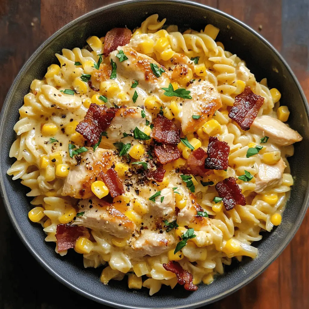 This Creamy Chicken and Corn Pasta with Bacon is a delicious weeknight dinner that the whole family will love! With tender chicken, crispy bacon, and sweet corn all wrapped in a rich and creamy sauce, this dish is a perfect blend of flavors. Save this recipe for your next family meal or cozy gathering! It's sure to impress everyone at the table.
