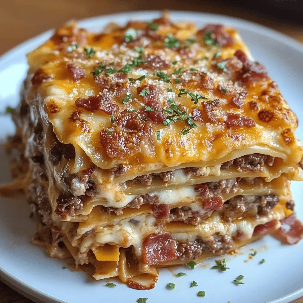 Layers of cheesy goodness await with this Parmesan Garlic Bacon Cheeseburger Lasagna! Featuring rich ground beef, crispy bacon, and a blend of Italian flavors, this dish is perfect for family dinners or a cozy night in. Save this recipe for a hearty meal that will surely impress your guests and satisfy everyone's appetite!