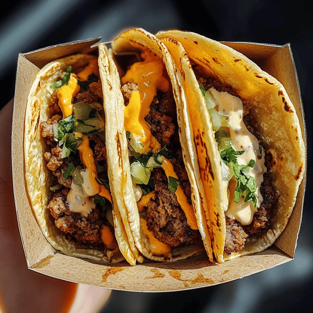 Get ready for a flavor-packed twist on taco night with these Smash Burger Tacos! Juicy beef patties are perfectly seasoned and smashed to crispy perfection, then nestled in soft taco shells. Top them with your favorite fixings like melted cheese, fresh lettuce, and zesty salsa. These tacos are great for a quick weeknight dinner or a fun gathering with friends. Don't forget to save this recipe for your next taco adventure!