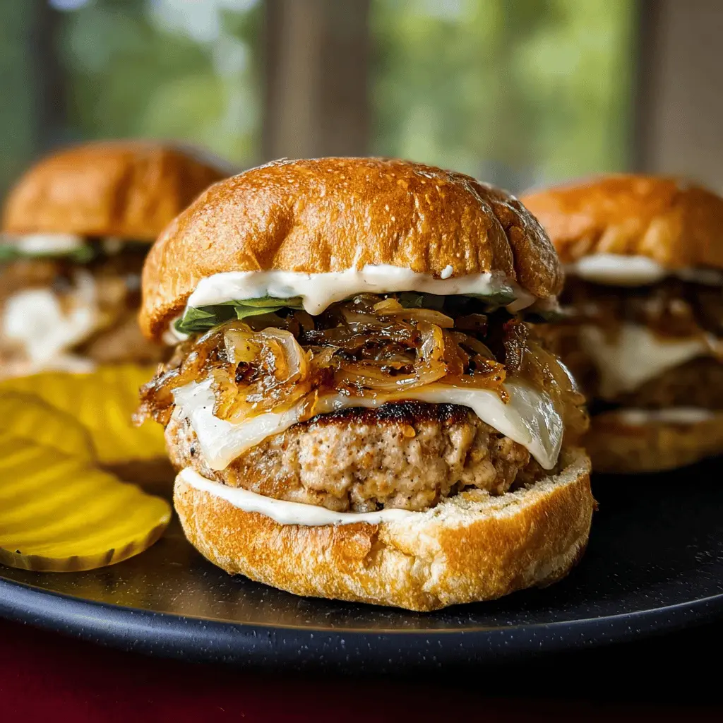Juicy Turkey Burgers with Sweet Caramelized Onions and Creamy Aioli