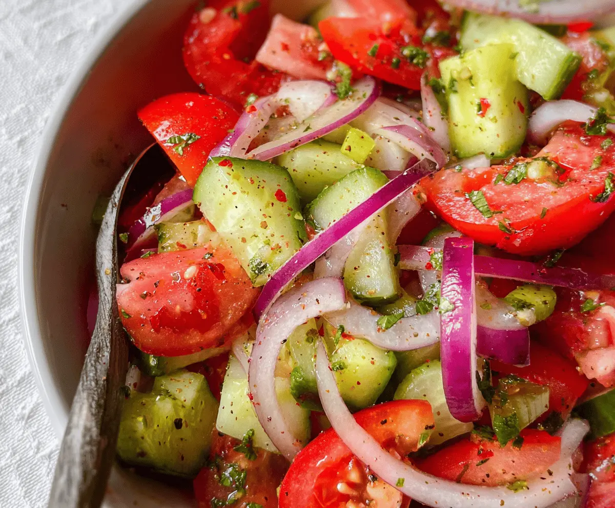 Refreshing Marinated Cucumbers, Onions & Tomatoes Salad