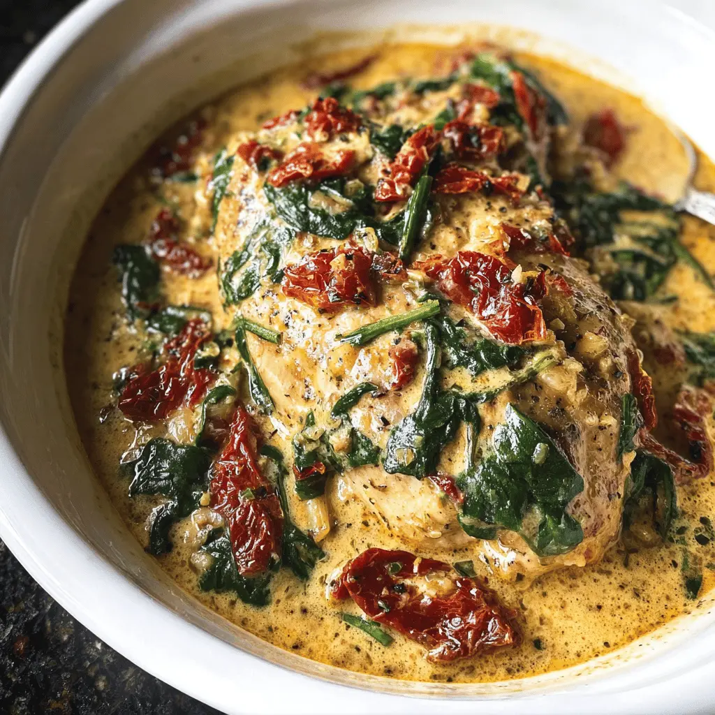 Easy Crockpot Tuscan Garlic Chicken with Spinach & Tomatoes