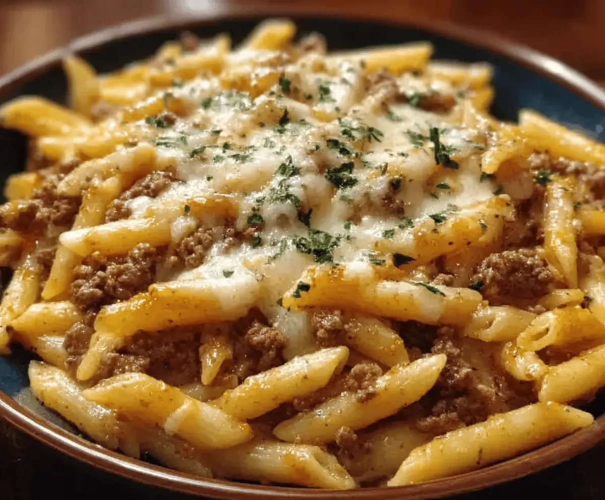 Cheesy Penne with Garlic Butter Ground Beef Recipe