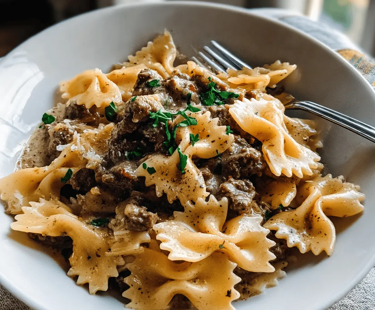 Creamy Garlic Parmesan Bowtie Pasta with Beef