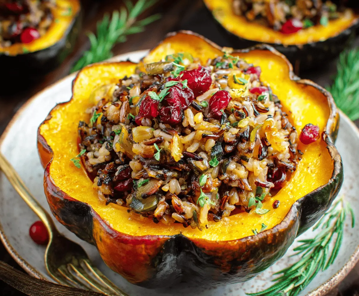 A baked acorn squash half filled with wild rice, cranberries, and fresh herbs, served as a delicious and colorful stuffed squash recipe.