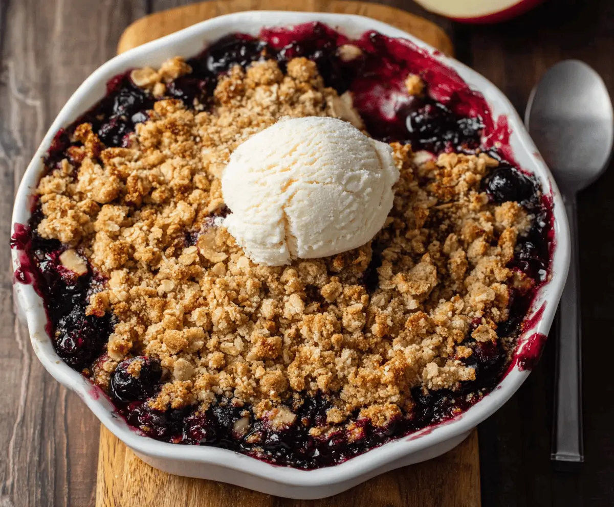 Delicious homemade apple blueberry crisp topped with golden brown crumble served in a rustic bowl, perfect for dessert or a sweet snack.