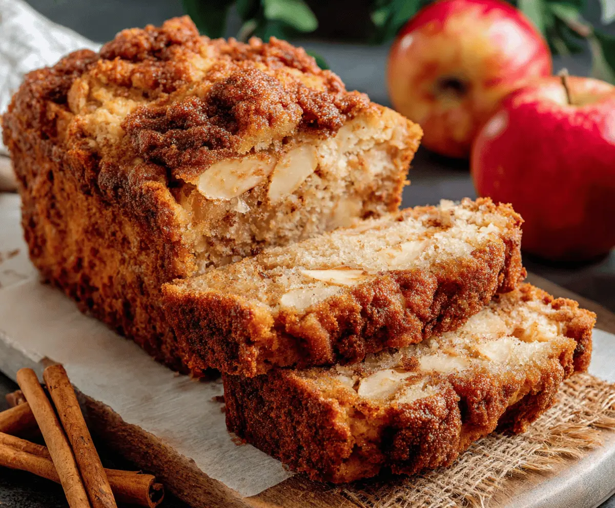 Delicious homemade apple bread topped with cinnamon and fresh apple slices, perfect for a cozy breakfast or snack.