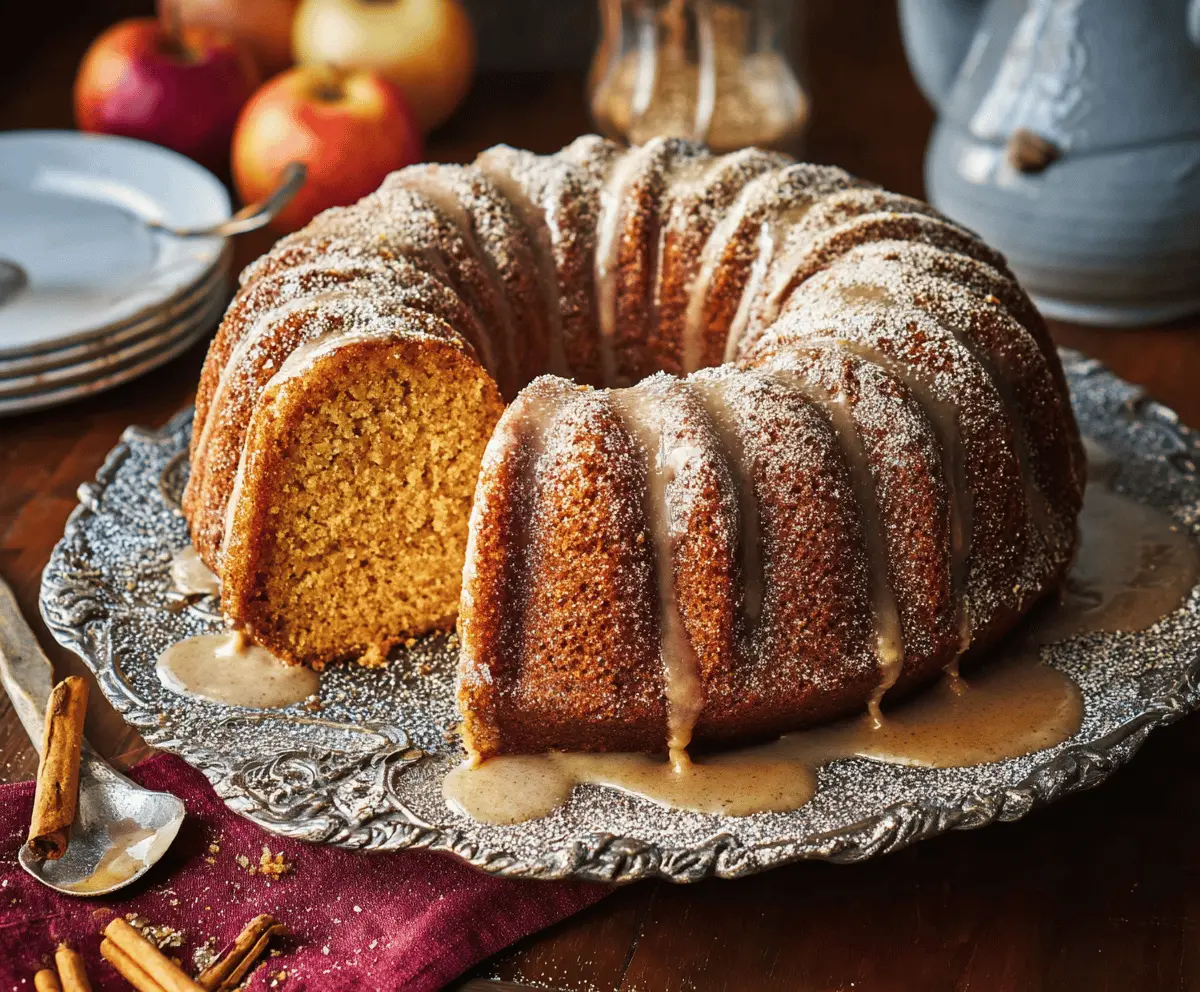 Delicious homemade Apple Cider Pound Cake topped with sliced apples and cinnamon for a warm, flavorful dessert.