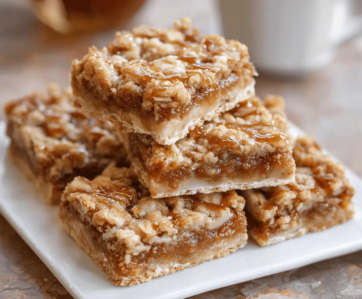 Delicious homemade apple crisp bars with a golden oat crumble topping and fresh apple filling, perfect for dessert or snack.