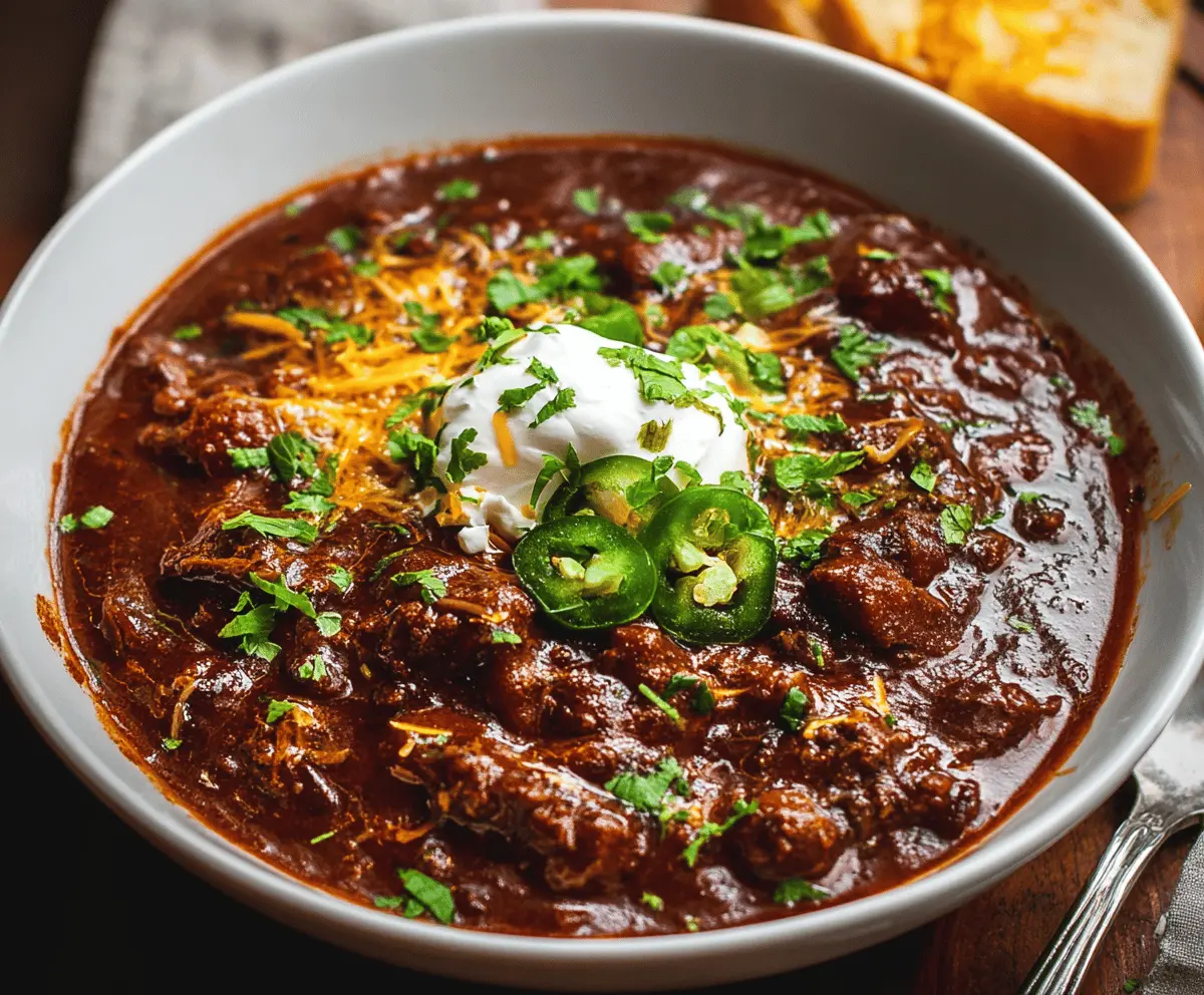 Hearty beef chili served in a bowl with fresh cilantro and shredded cheese, perfect for a comforting and spicy meal.