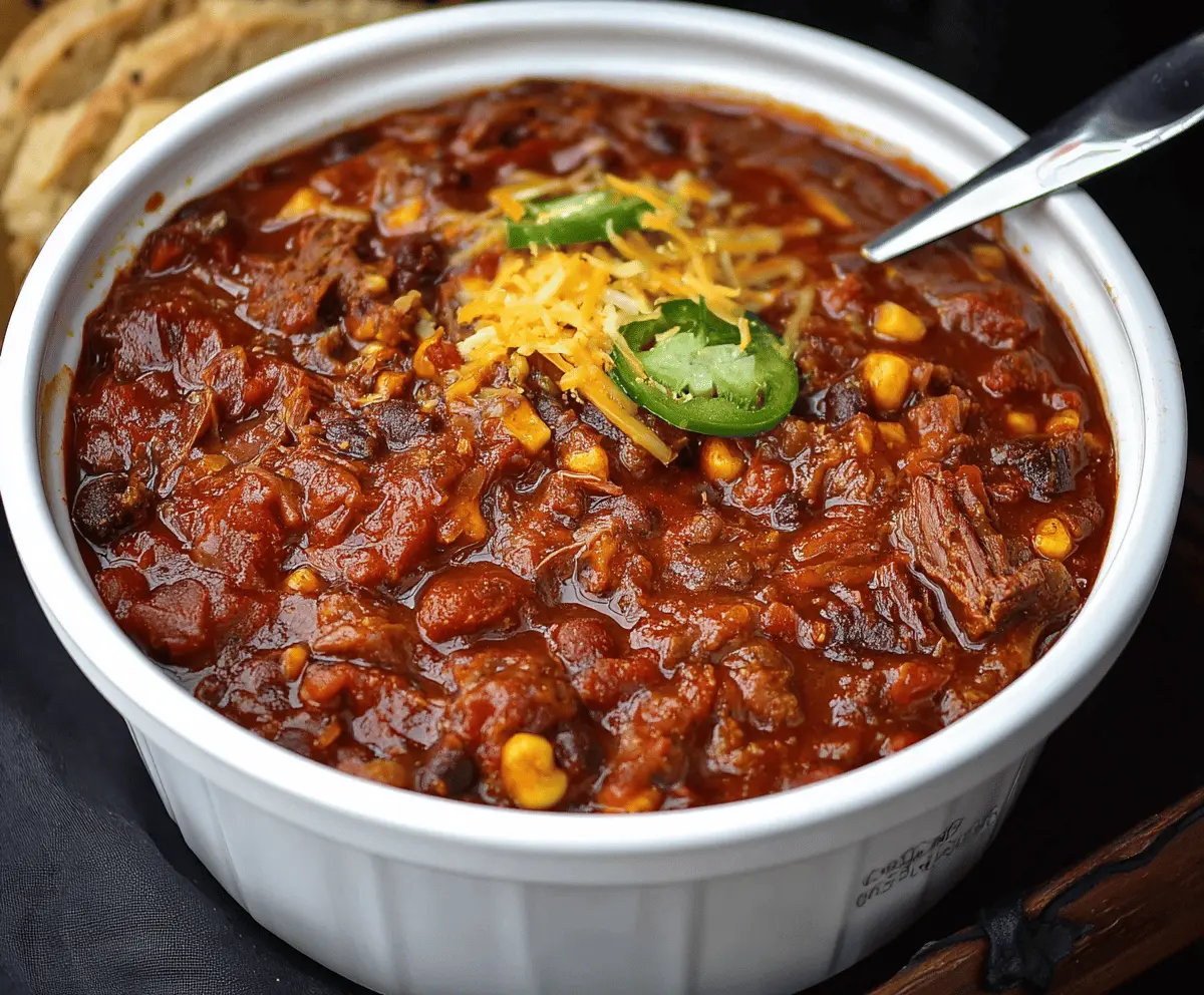 Hearty homemade brisket chili with tender beef, beans, and flavorful spices in a bowl, perfect for comforting meals.