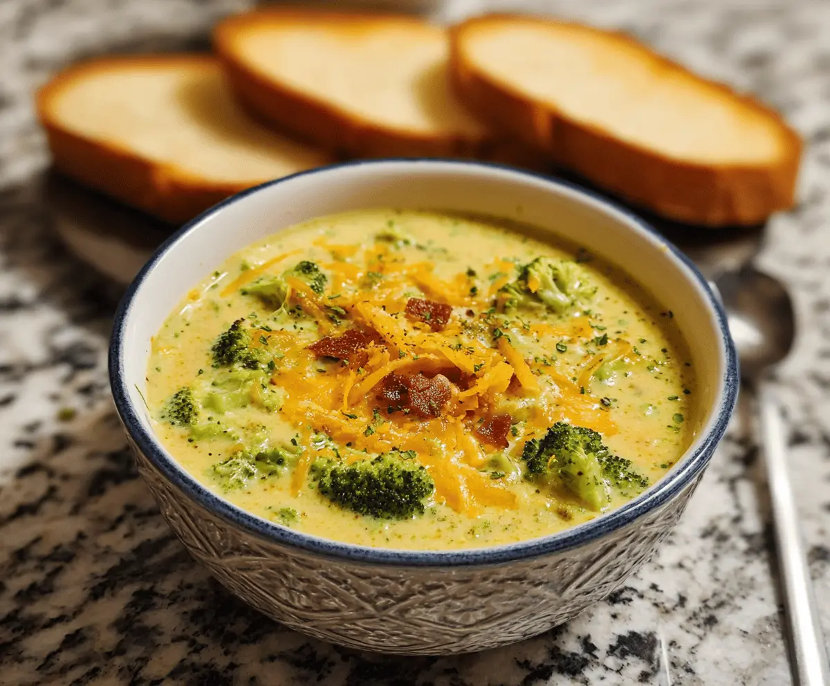 Creamy broccoli cheddar soup served in a bowl with fresh broccoli florets and shredded cheddar cheese on top, perfect for a comforting meal.