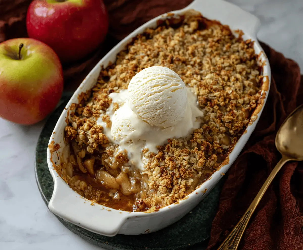 Delicious homemade brown butter apple crisp with golden crust and caramelized apple filling, perfect for fall desserts