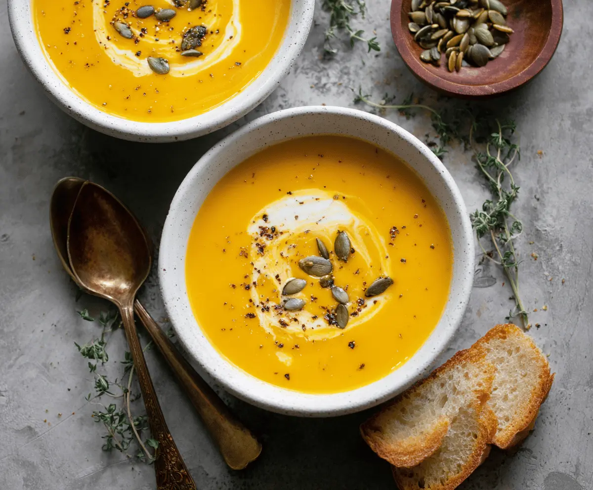 Creamy butternut squash soup garnished with fresh herbs in a rustic bowl, perfect for cozy fall dinners.