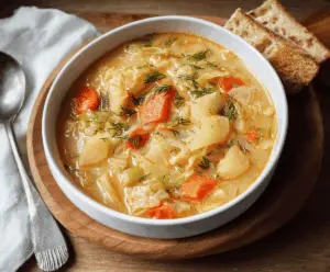 Creamy cabbage and potato soup in a bowl topped with fresh herbs, perfect for a warm, comforting meal