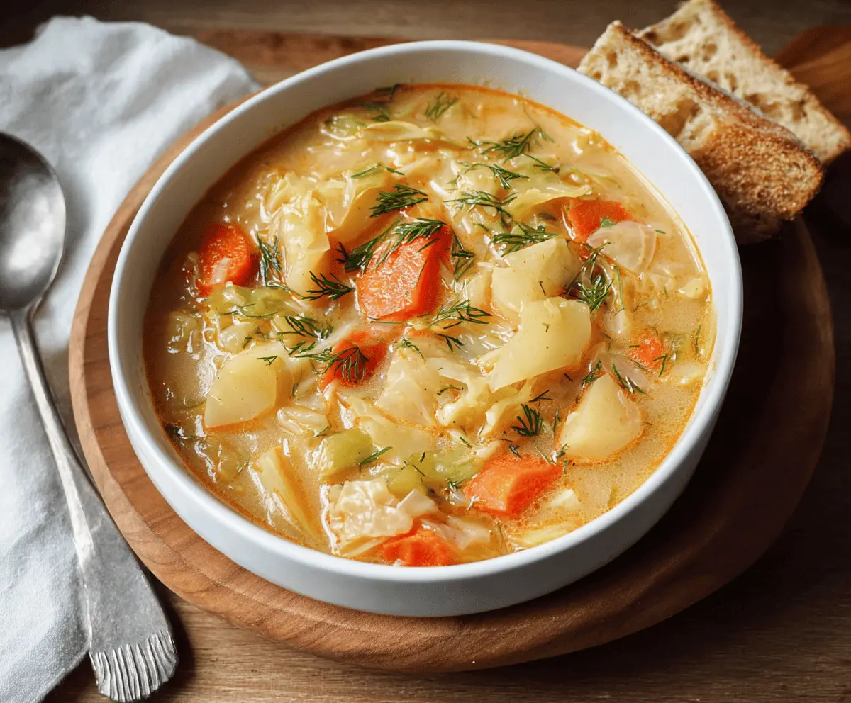 Creamy cabbage and potato soup in a bowl topped with fresh herbs, perfect for a warm, comforting meal