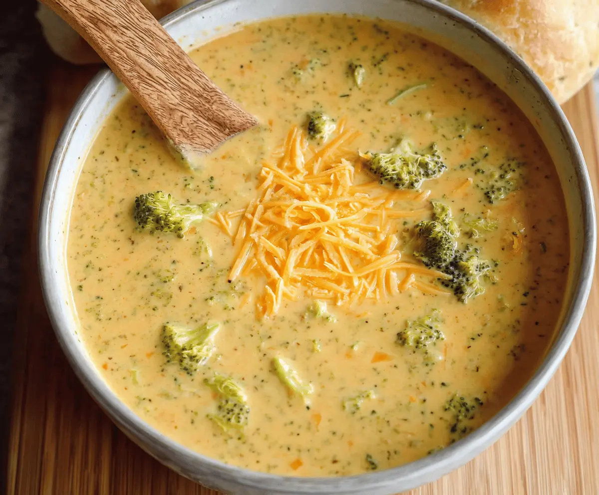 Creamy broccoli and cheddar cheese soup topped with melted cheese and fresh herbs, served in a bowl