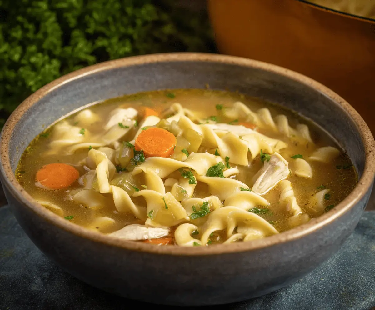 Warm bowl of homemade chicken noodle soup with tender egg noodles, vegetables, and herbs, perfect for comforting meals.