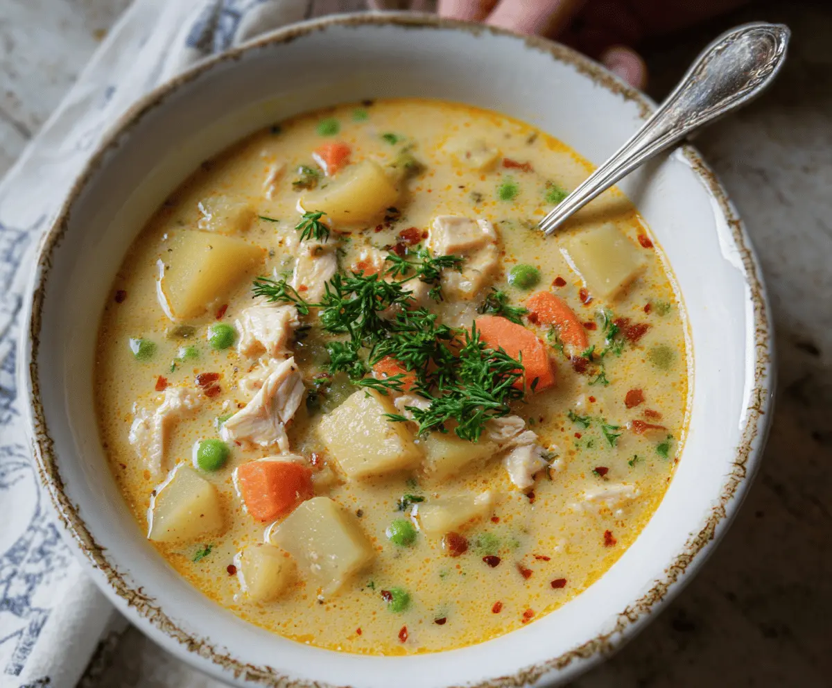 Creamy chicken and potato soup in a bowl, garnished with herbs, served with bread on a rustic wooden table.