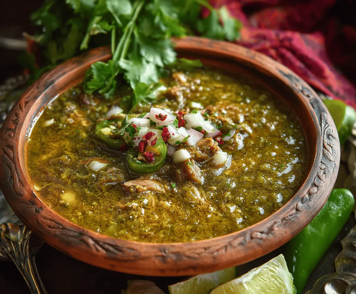 Delicious homemade Chili Verde with tender pork, fresh green chilies, cilantro, and zesty sauce served in a bowl