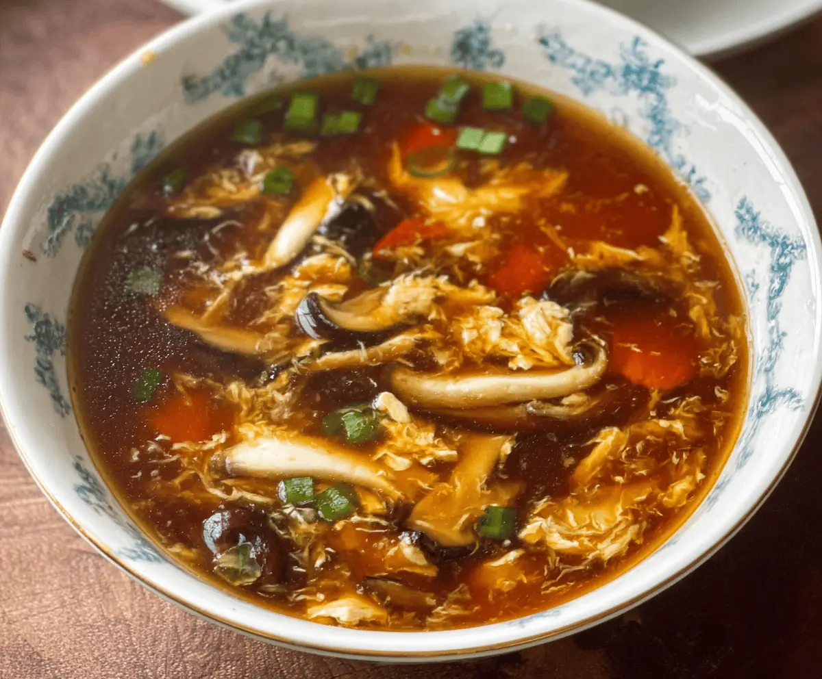 A steaming bowl of Chinese Hot and Sour Soup garnished with sliced mushrooms, tofu, green onions, and bamboo shoots, served in a white ceramic bowl on a wooden table.