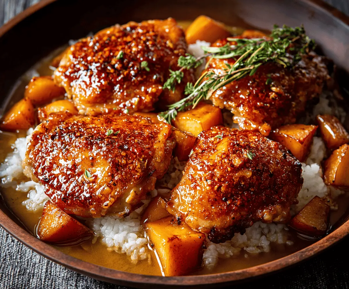 Juicy chicken glazed with warm apple cider and caramelized apples, served with fresh herbs for a cozy Apple Cider Glazed Chicken recipe