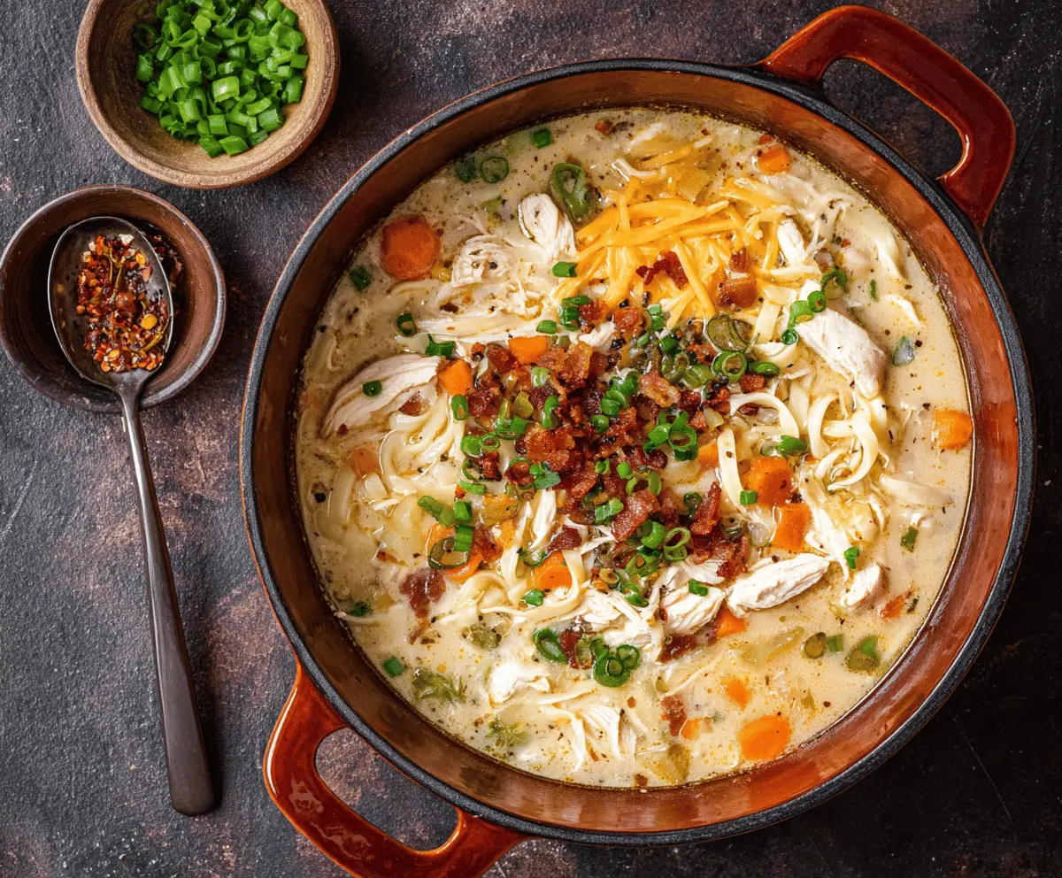 A steaming bowl of Crack Chicken Noodle Soup topped with herbs, showcasing tender chicken, noodles, and vegetables in a flavorful broth.