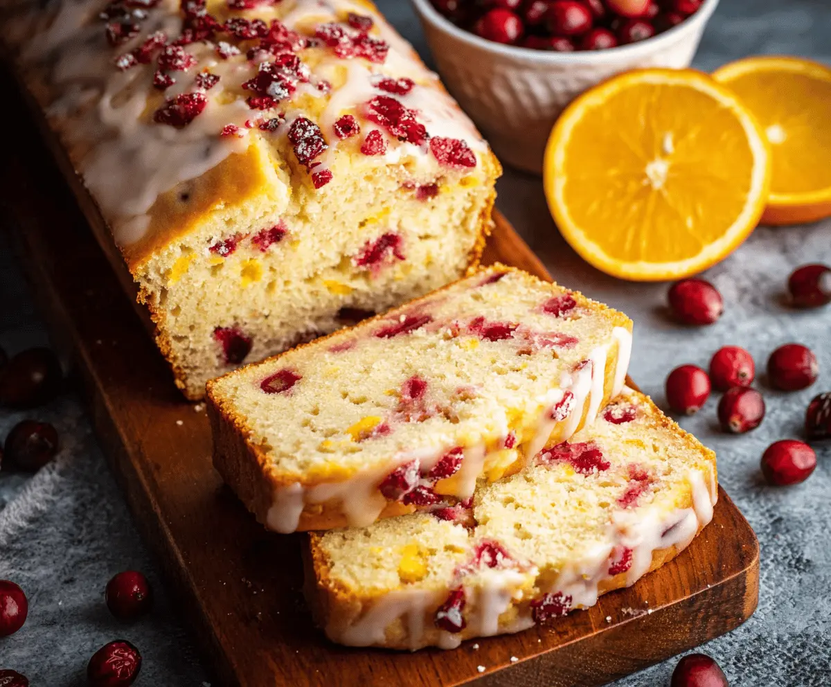 Freshly baked cranberry orange bread sliced open, showcasing vibrant cranberries and orange zest in a golden crust, perfect for breakfast or holiday dessert.