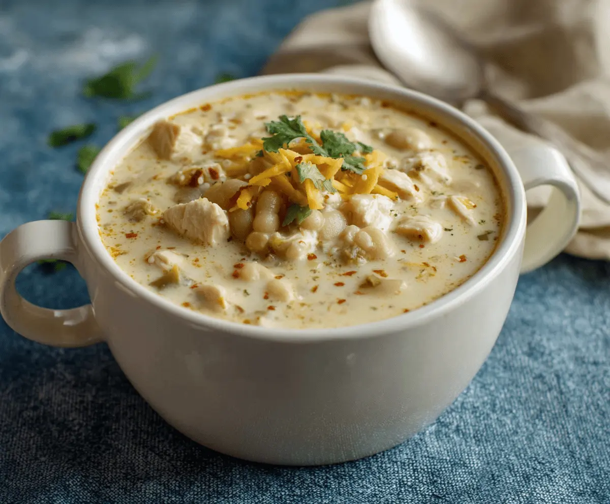 Creamy white chicken chili topped with shredded cheese and fresh cilantro in a bowl, served with a side of tortilla chips.