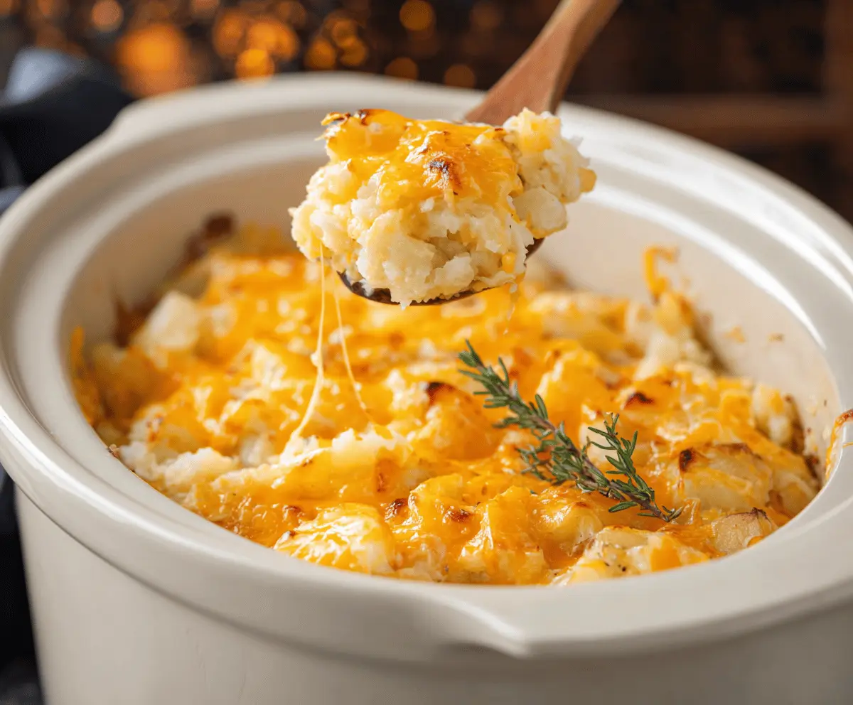 Creamy Crockpot Cheesy Potato Casserole topped with melted cheese and fresh herbs, perfect for comforting family dinner