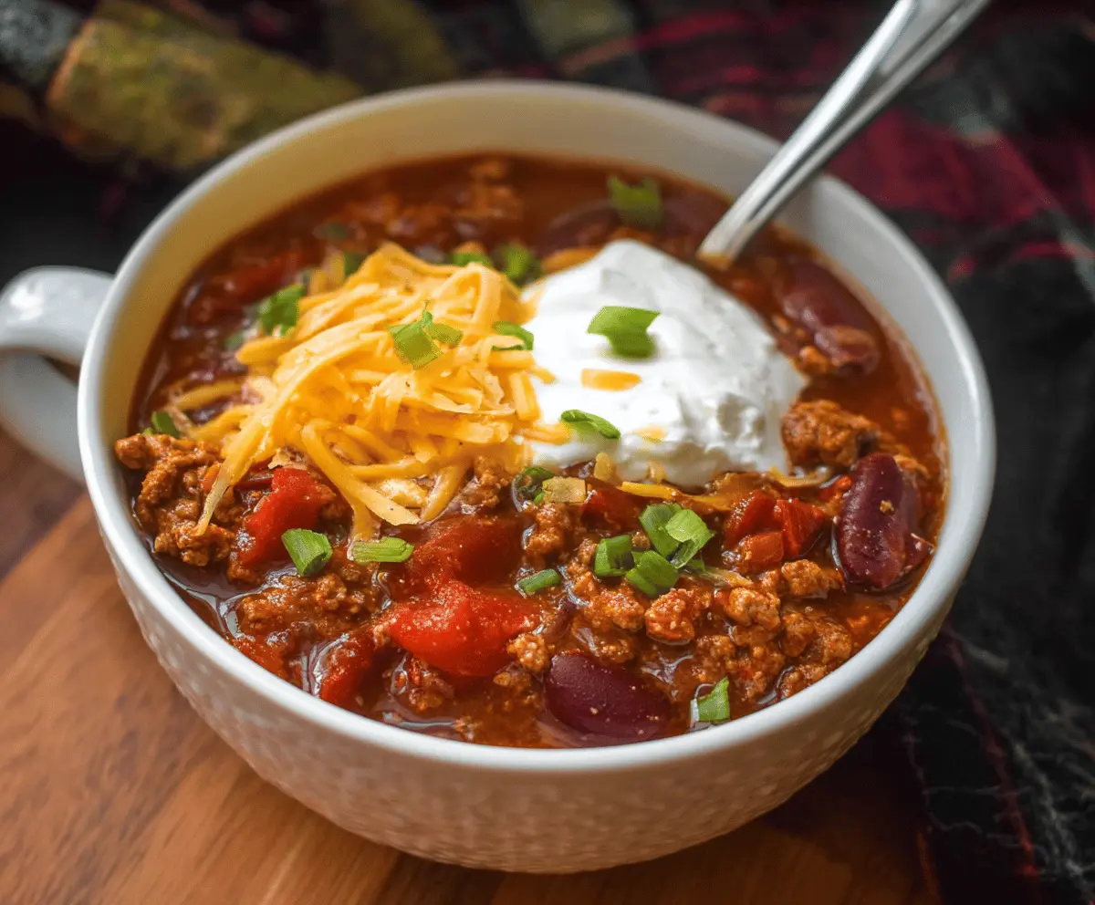 Hearty homemade Crockpot Chili in a bowl with beans, ground meat, and spices, ready to serve