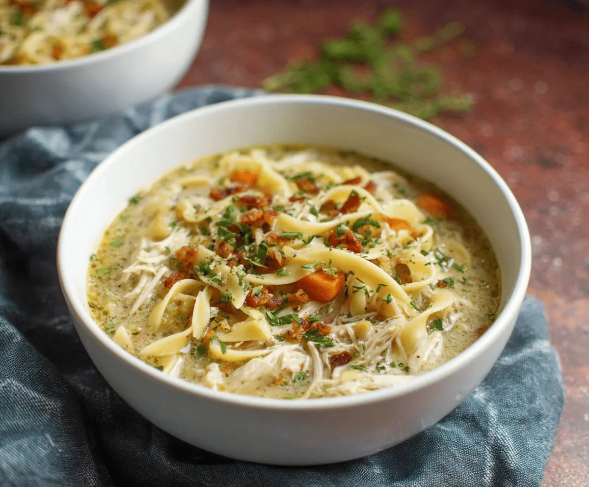 A steaming bowl of dairy-free chicken noodle soup with shredded chicken, vegetables, and noodles in a clear broth, served in a white bowl on a wooden table.