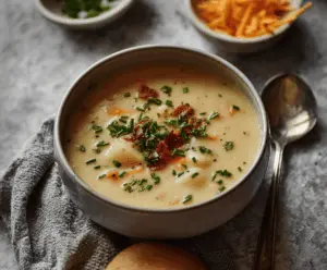 Creamy dairy-free potato soup in a bowl with fresh herbs and crusty bread on the side, perfect for a comforting vegan meal.