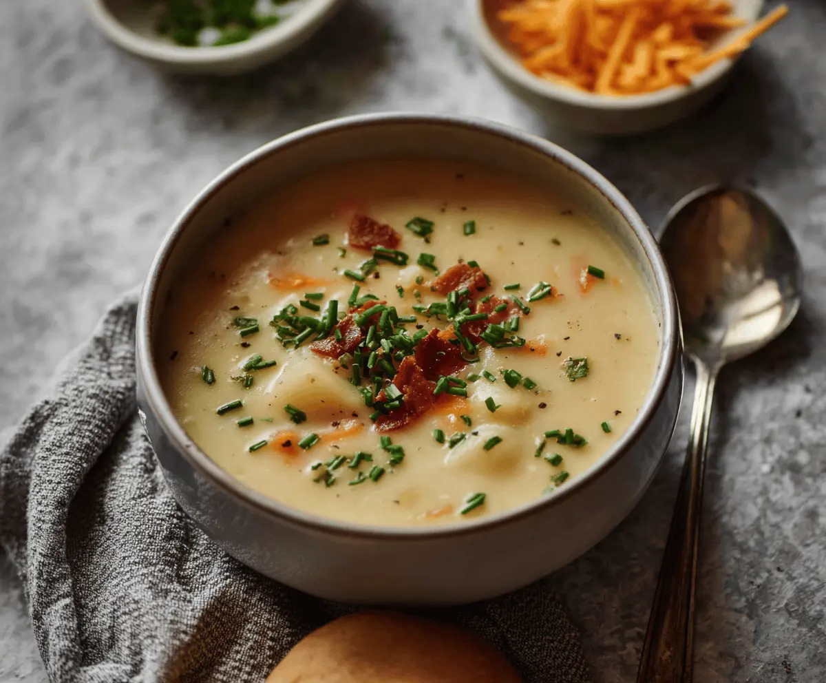 Creamy dairy-free potato soup in a bowl with fresh herbs and crusty bread on the side, perfect for a comforting vegan meal.