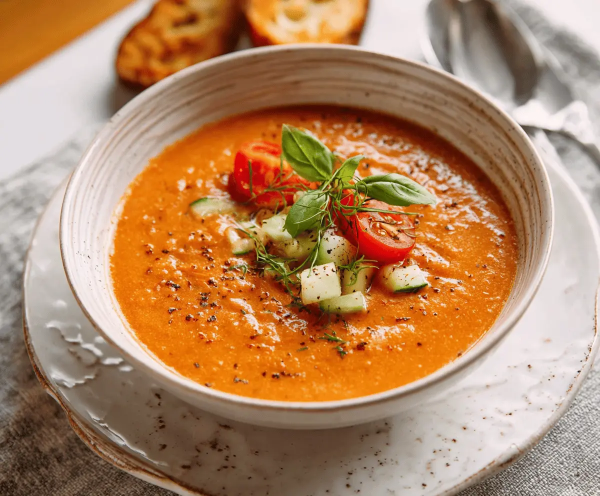 Refreshing cold gazpacho soup garnished with fresh vegetables and herbs, served in a bowl on a rustic wooden table.