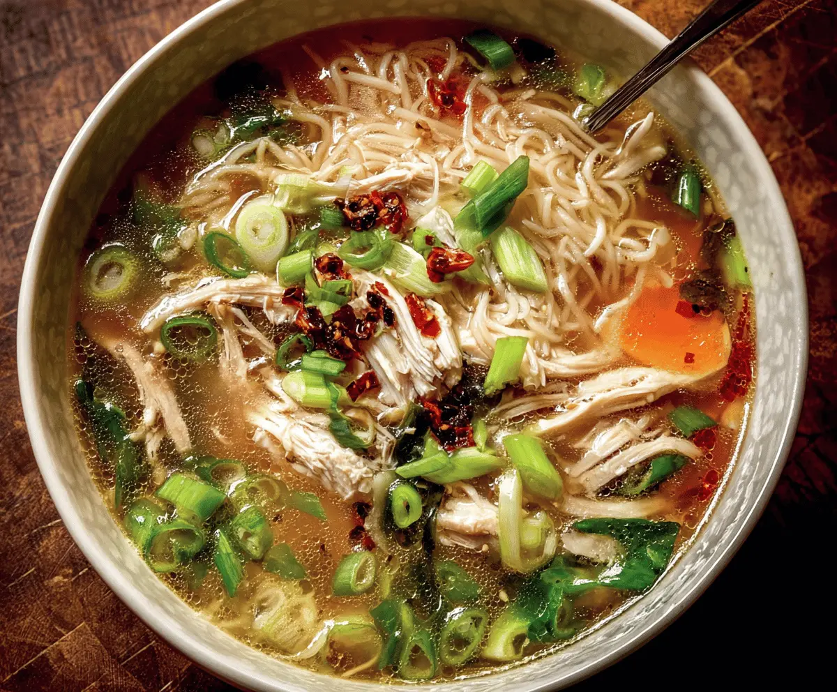 A steaming bowl of Ginger Garlic Chicken Noodle Soup with shredded chicken, sliced ginger, garlic, vegetables, and noodles, garnished with fresh herbs, served in a white bowl on a wooden table.