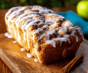 Delicious glazed apple cinnamon fritter bread topped with icing and cinnamon sugar, perfect for breakfast or dessert
