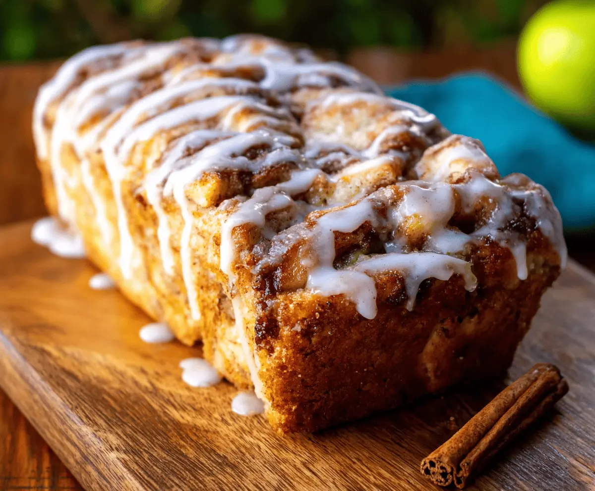Delicious glazed apple cinnamon fritter bread topped with icing and cinnamon sugar, perfect for breakfast or dessert