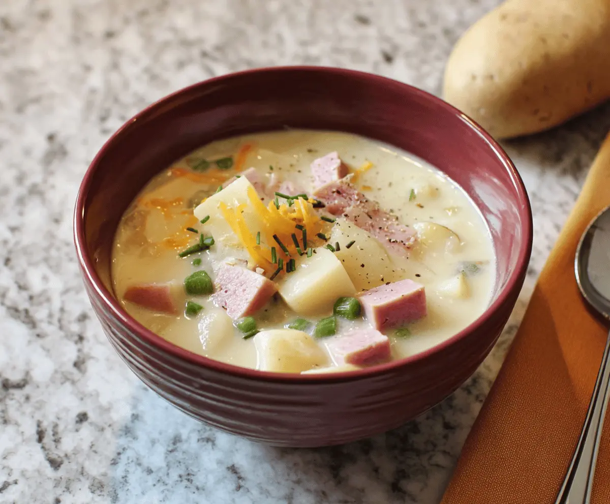 Creamy ham and potato soup in a bowl with fresh herbs and a slice of bread, perfect for a cozy meal