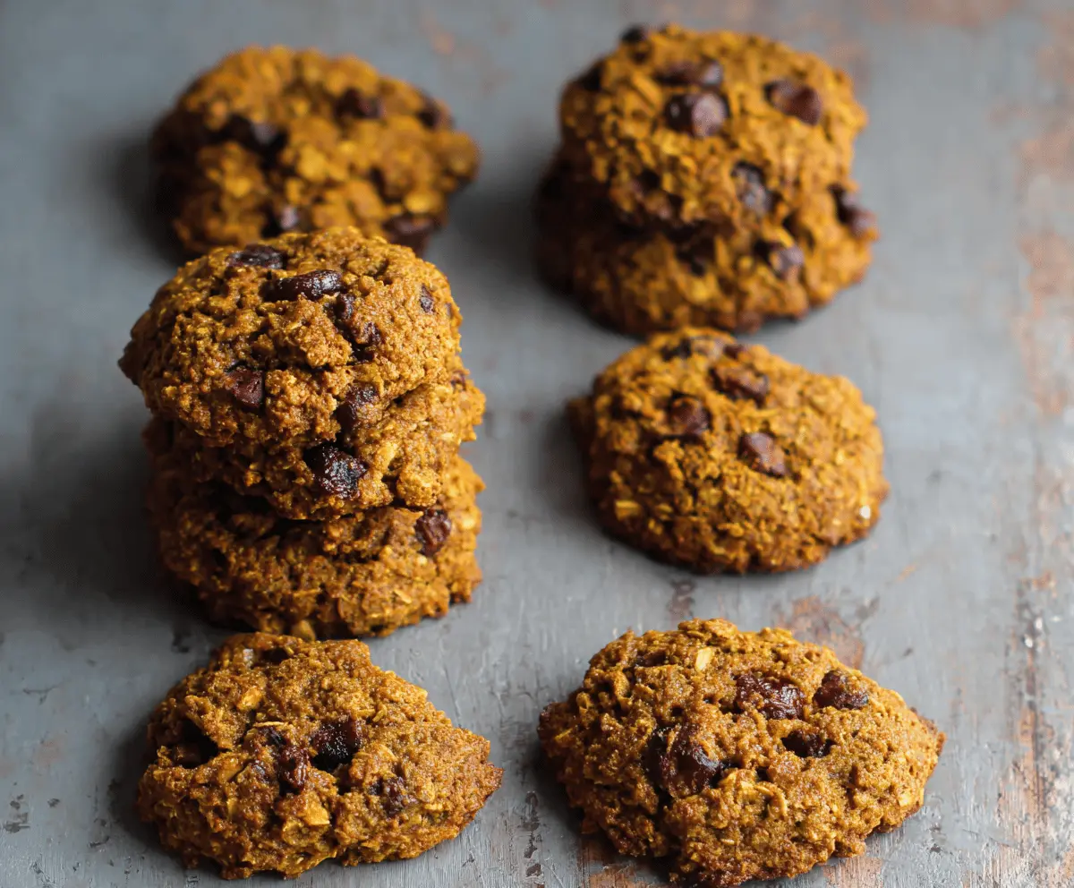 Delicious and healthy pumpkin oatmeal cookies on a plate, featuring a golden-brown exterior with hints of pumpkin and oats, perfect for a nutritious snack or dessert.