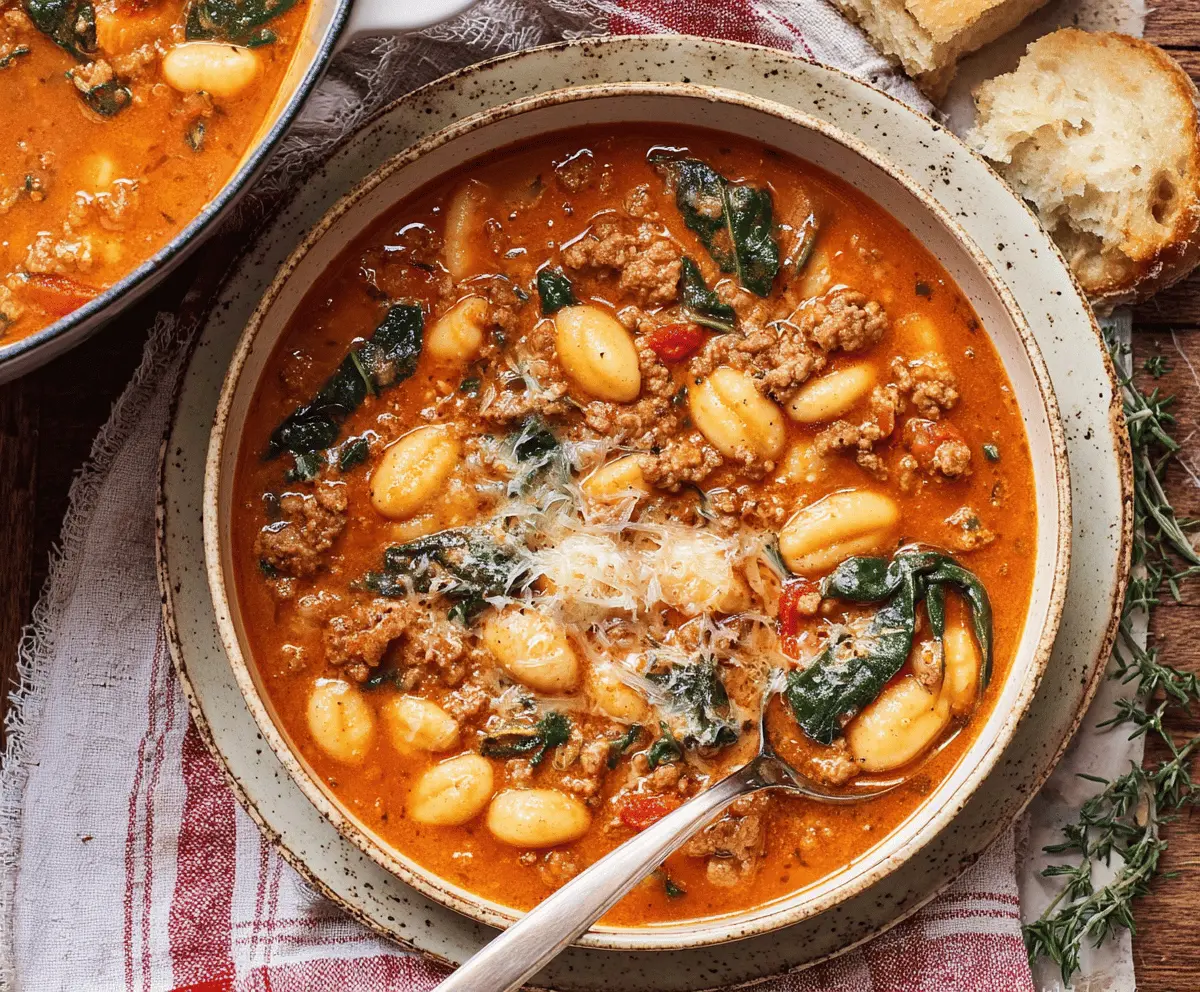 A steaming bowl of hearty sausage gnocchi soup featuring tender sausage, soft gnocchi, spinach, and creamy broth in a rustic bowl, perfect for a comforting meal.