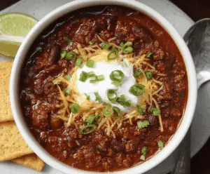 A flavorful homemade chili served in a bowl with beans, ground meat, and spices garnished with fresh herbs.
