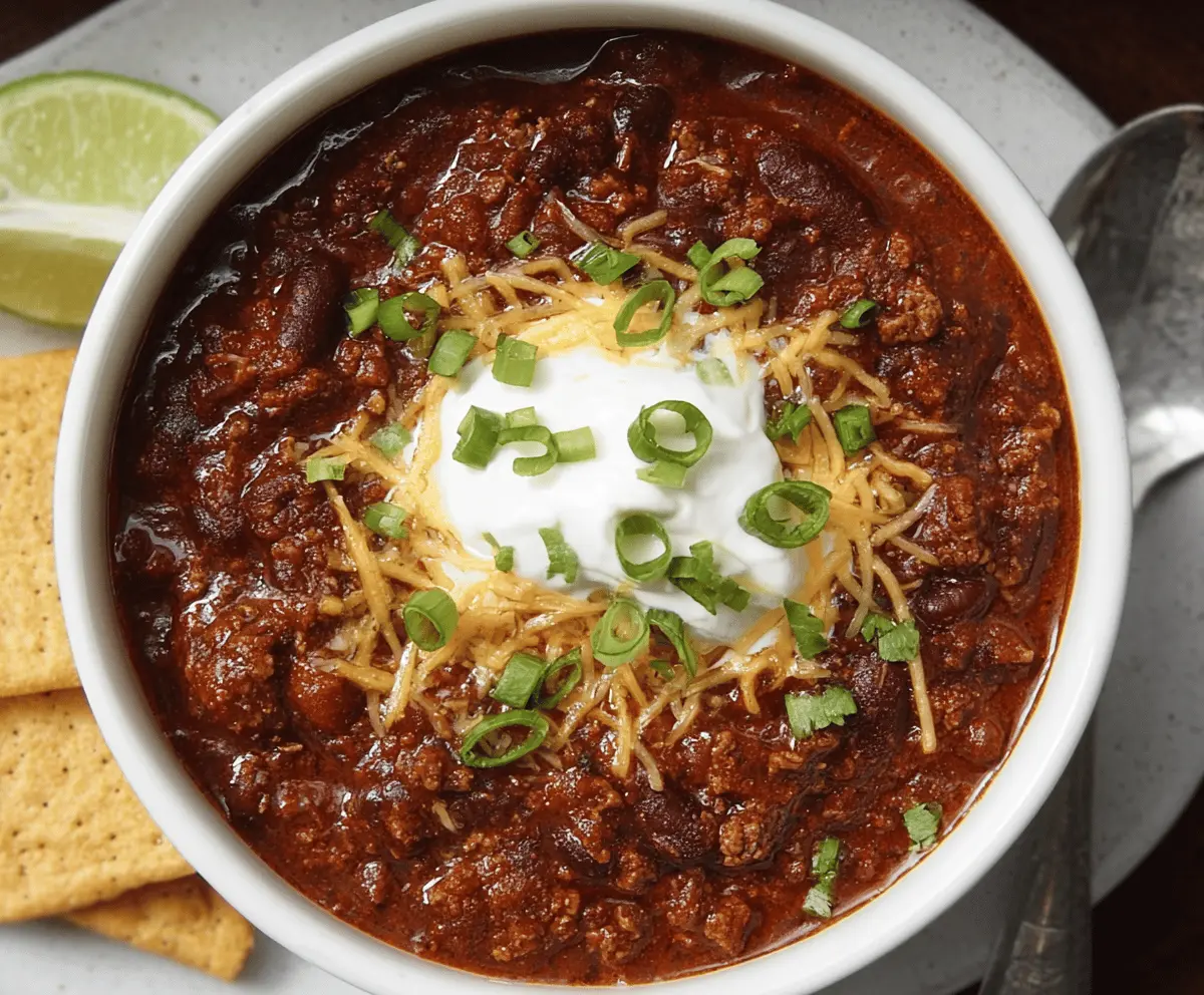 A flavorful homemade chili served in a bowl with beans, ground meat, and spices garnished with fresh herbs.