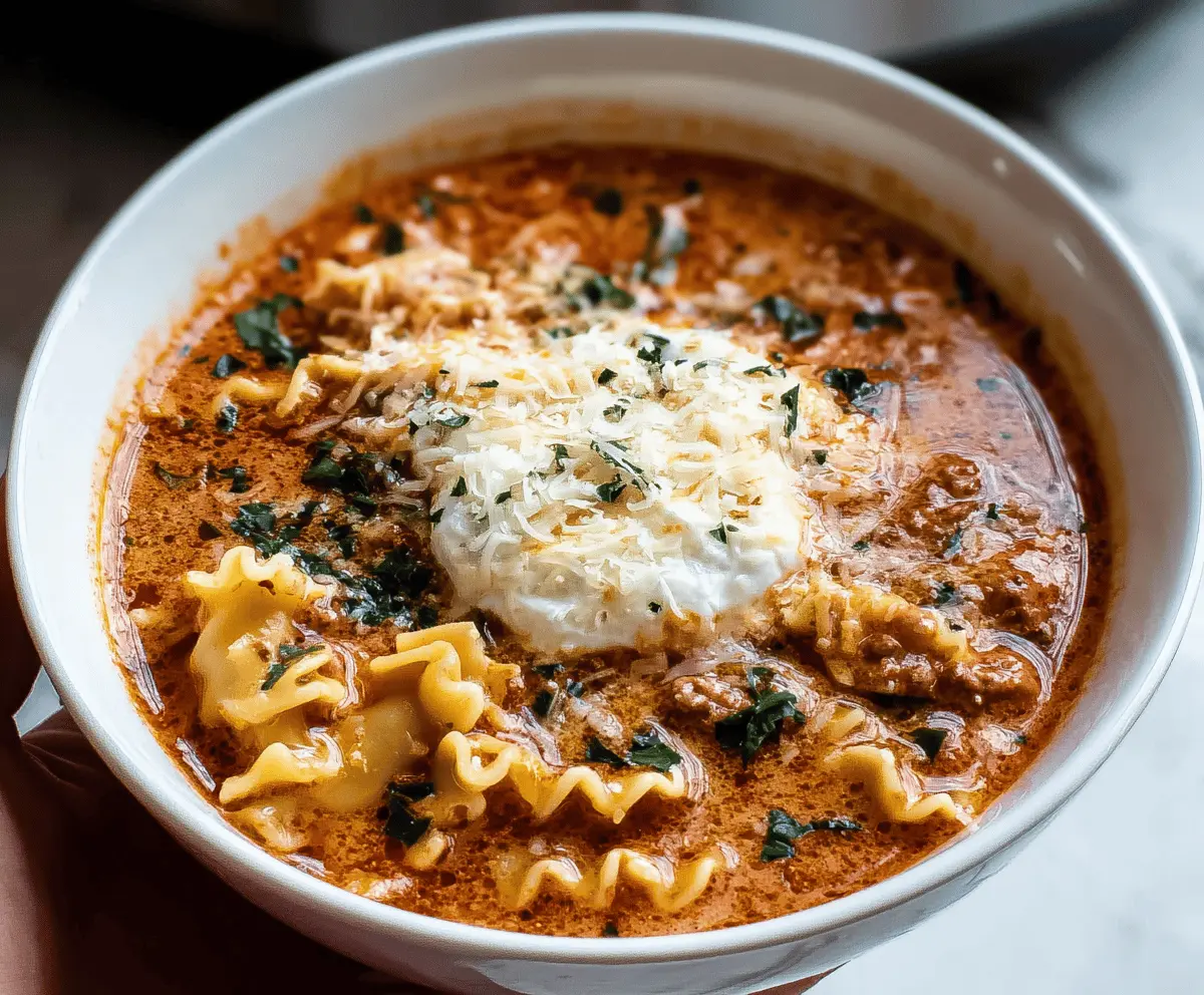 Creamy and hearty Instant Pot Lasagna Soup topped with melted cheese, fresh basil, and grated Parmesan in a rustic bowl.