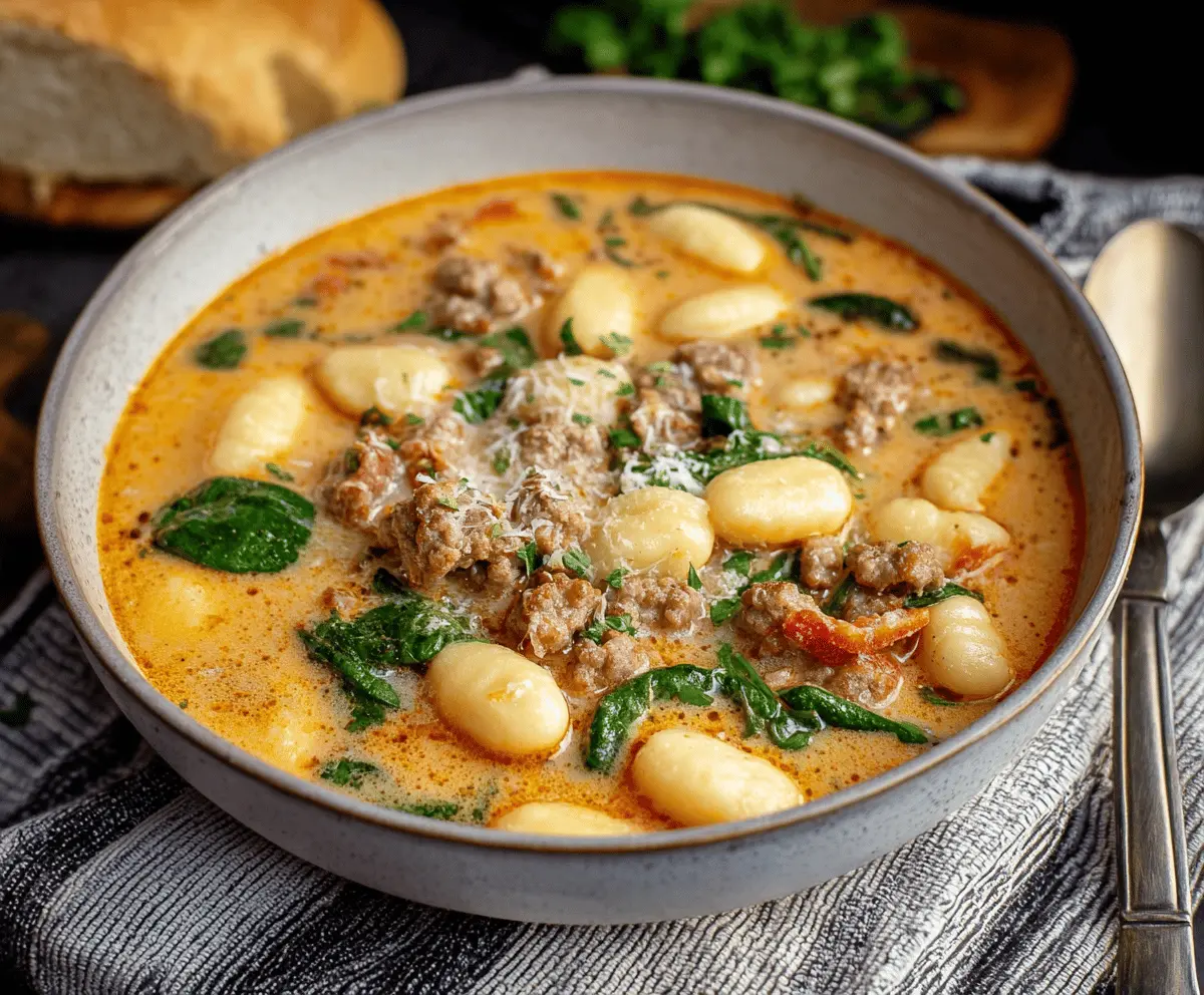 Creamy Italian sausage gnocchi soup in a bowl with sausage, gnocchi, spinach, and vegetables, garnished with herbs