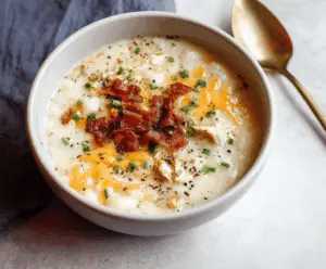 Creamy leftover mashed potato soup in a bowl garnished with herbs, served with bread on the side.