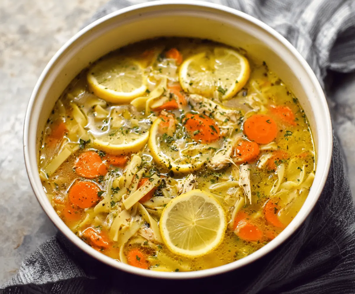 A bowl of comforting Lemon Pepper Chicken Noodle Soup garnished with fresh herbs and lemon slices, featuring tender chicken, noodles, and vibrant citrus flavor.