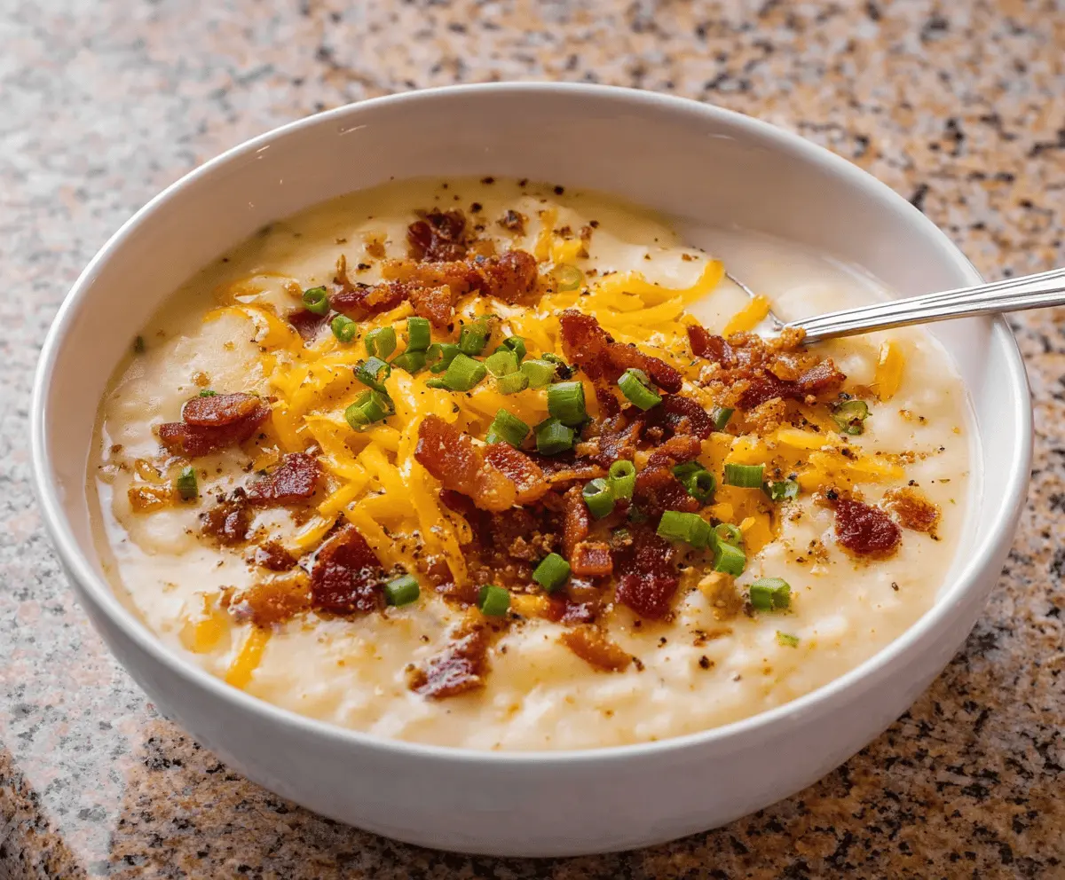 Creamy loaded potato soup topped with crispy bacon, shredded cheese, sour cream, and chopped green onions in a bowl, perfect for a comforting meal.