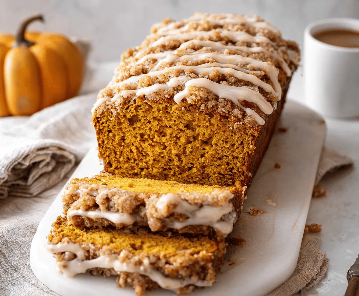 Delicious Maple-Glazed Streusel Pumpkin Bread topped with crunchy streusel and drizzled with maple glaze, ready to enjoy