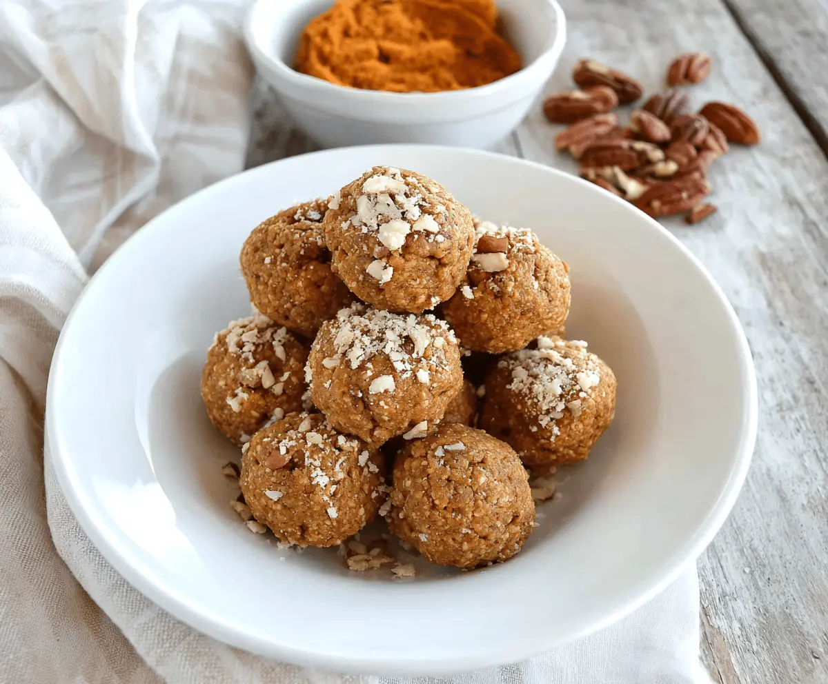 Healthy Maple Pecan Pumpkin Protein Balls on a white plate, featuring a delicious combination of nuts, seeds, and fall-inspired flavors for a nutritious snack.